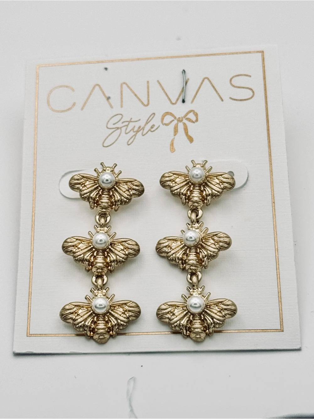 Gold Bee Drop Earrings with Pearl Detail - New - Picture 6 of 11